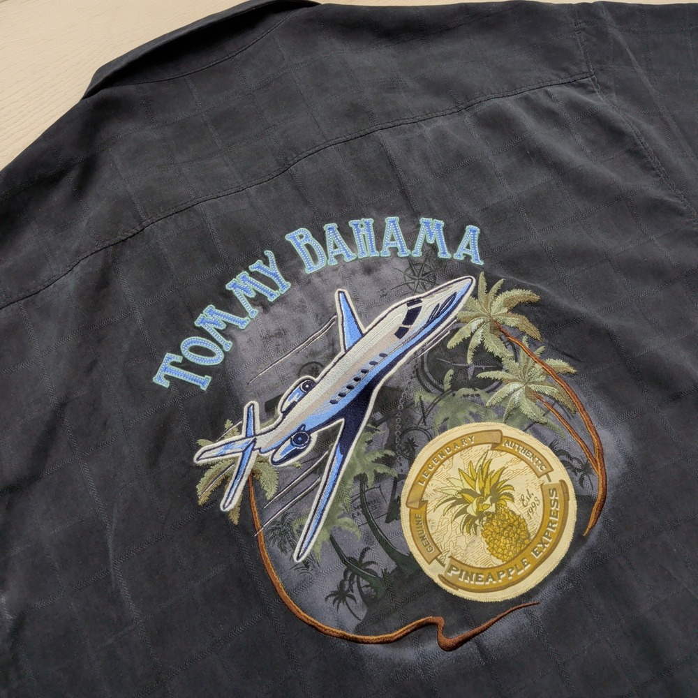 Tommy Bahama Pineapple Express Silk Camp Shirt Mens XL Black Embroidered Jet
